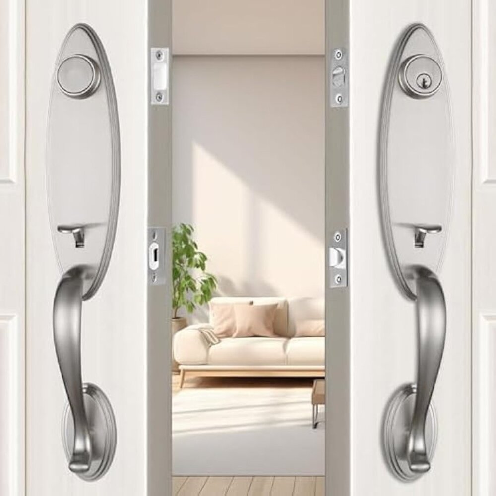 "HiSafe" Keyed & Dummy Double Door Handleset w/ Oval Knob- Brushed Nickel Finish